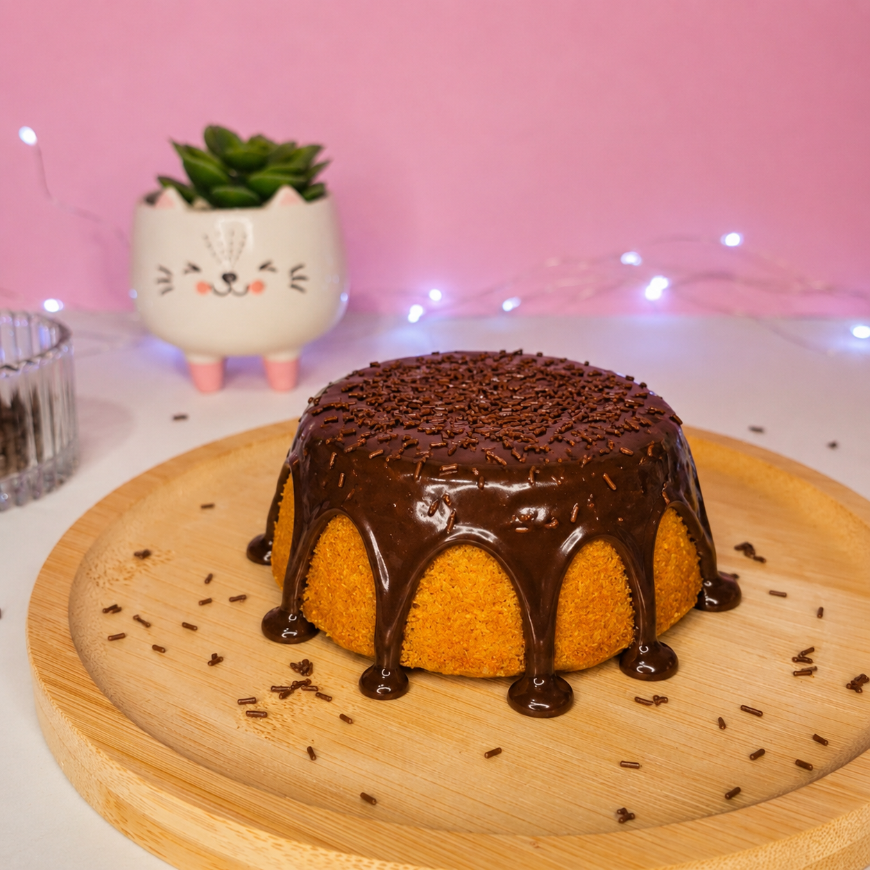 Mini bolo vulcão de baunilha com cobertura de chocolate